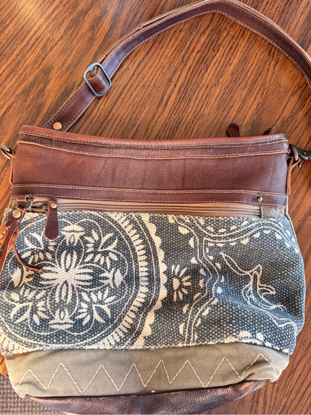 Myra Vogue Bag Brown Leather & Blue Patterned Canvas Shoulder Bag